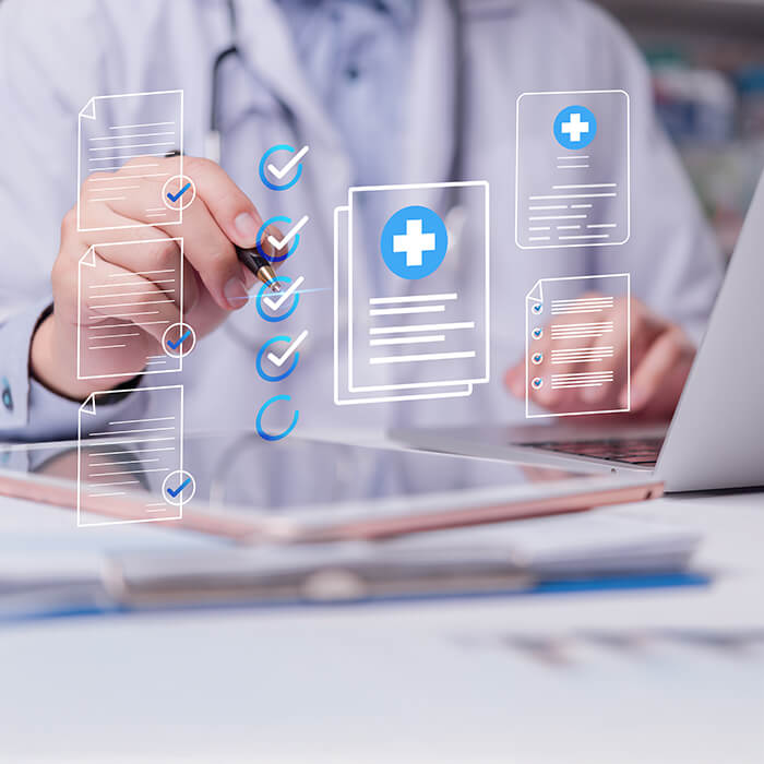 medical checklist graphics being imposed over doctor using pen