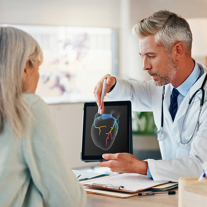 doctor explaining coronary ct angiogram plaque analysis and ffr-ct results