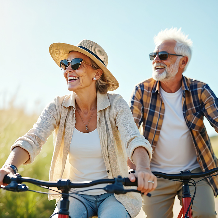Happy senior couple riding bikes