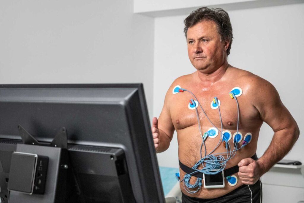 Cardiac stress test with treadmill walking and continuous ECG heart monitoring